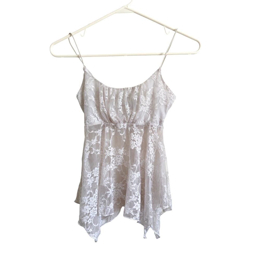 Just Polly White Lace Babydoll Cami Handkerchief Top Sheer XS Fairycore Y2K